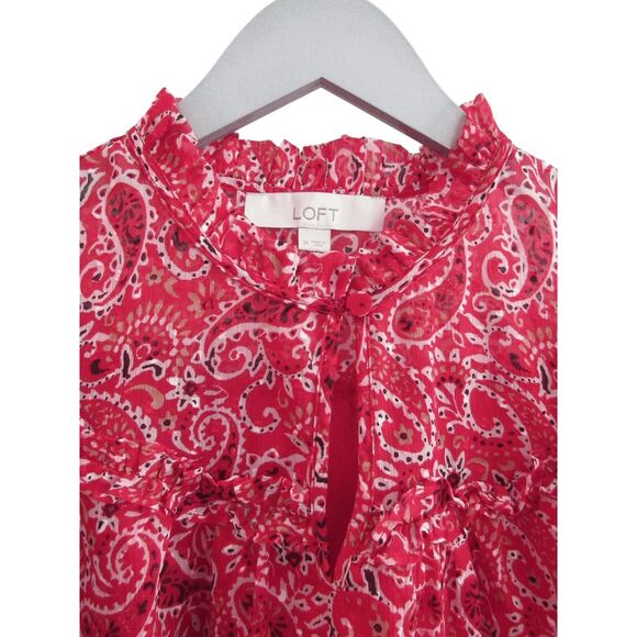 LOFT Red Paisley Lightweight Flowy Ruffle Top Sz M - Picture 3 of 5